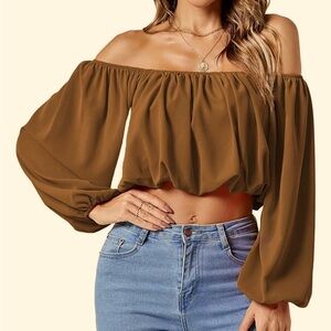 Women’s Casual Off Shoulder Ruched Lantern Long Sleeve Crop Top Blouse Shirt